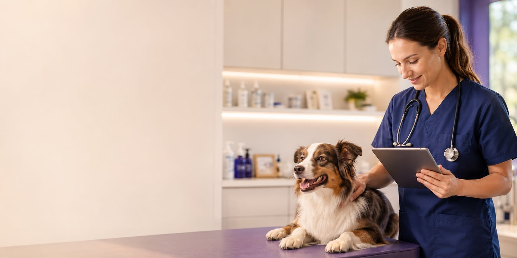 A veterinarian examining a dog at a veterinary clinic